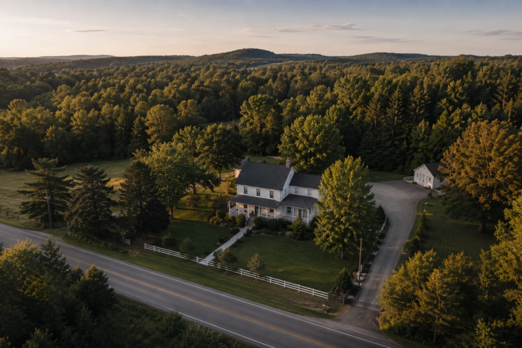 An aerial overview of a farmhouse on a wooded lot.