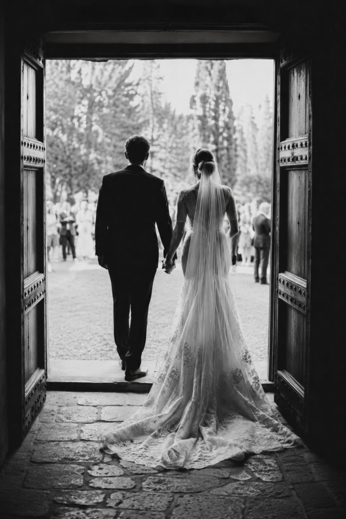 A wedding couple walking through a threshold.